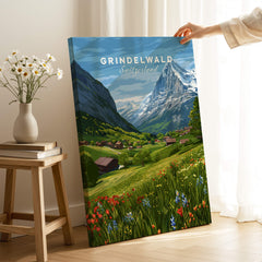 Grindelwald Switzerland Wall Art Print | Summer Alps Nature Travel Posters featuring alpine scenery and vibrant wildflowers.