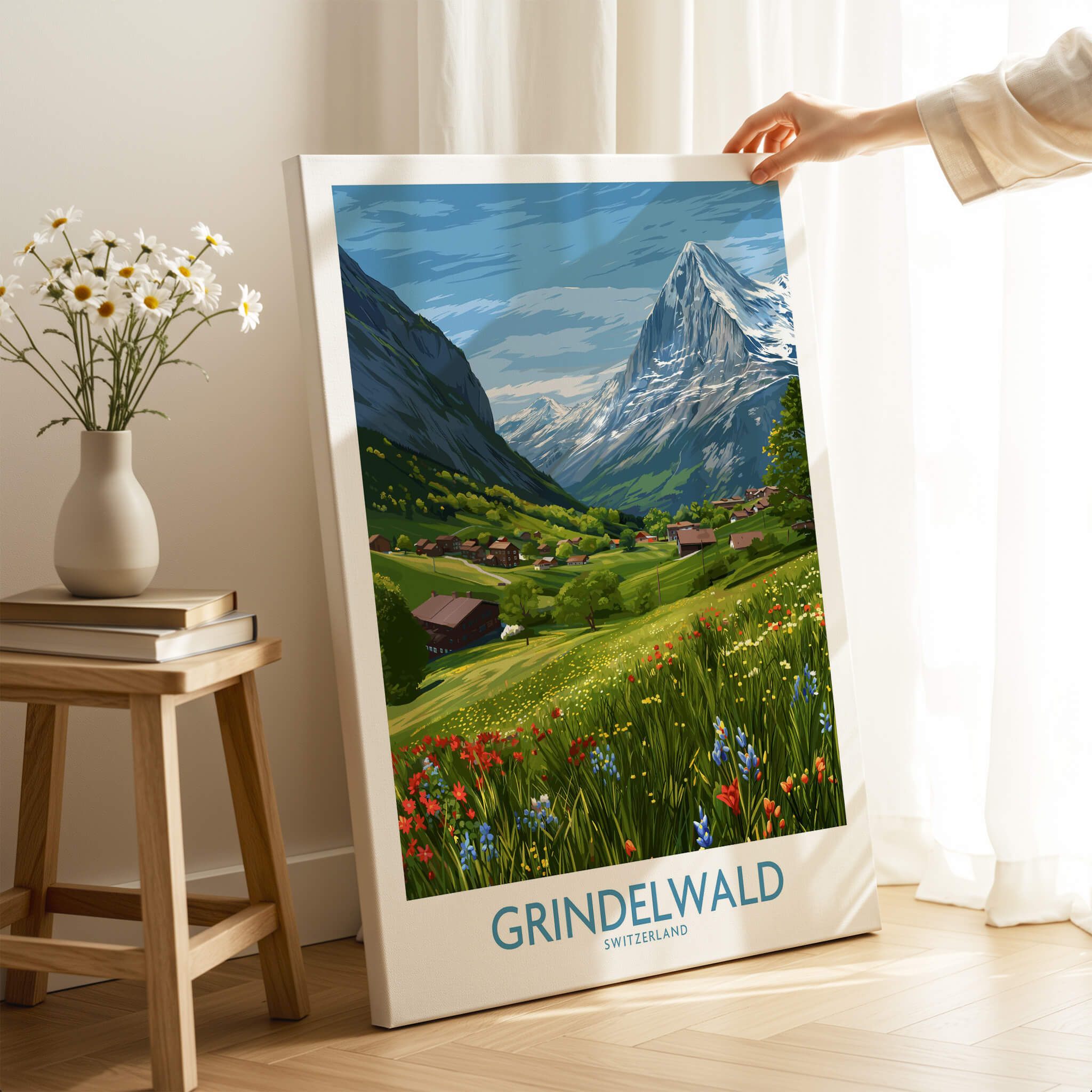 Grindelwald Switzerland Posters | Lush Green Mountain Valley Canvas Print displayed in a cozy interior with flowers.