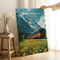 Grindelwald Switzerland Travel Poster | Iconic Mountain Railway Wall Art Print featuring a scenic train in the Swiss Alps.