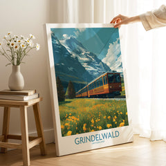 Grindelwald Switzerland Canvas Print | Swiss Alps Train Railway Scene Poster featuring a scenic train and mountains.