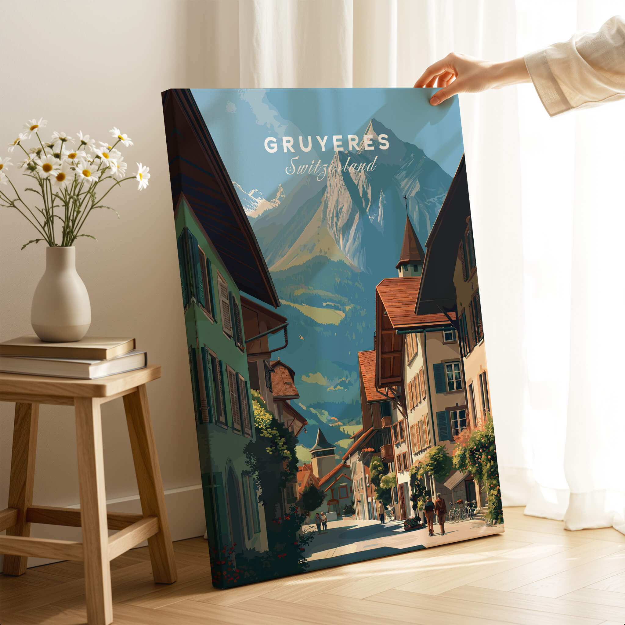Gruyères Switzerland Wall Art Print | Medieval Village Street Travel Poster displayed in a cozy room with a flower vase.