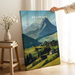 Gruyères Switzerland Travel Poster | Mountain Landscape Wall Art Print in a stylish living room setting.