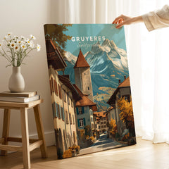 Gruyères Switzerland Wall Art Print | Swiss Travel Poster featuring a charming alpine village scene.