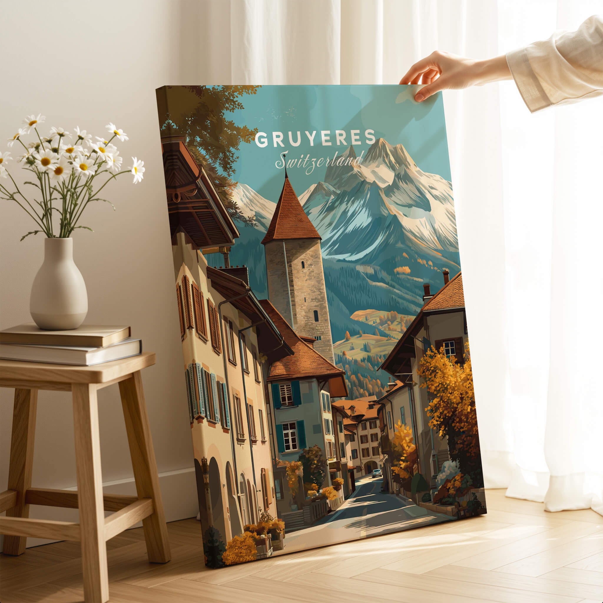Gruyères Switzerland Wall Art Print | Swiss Travel Poster featuring a charming alpine village scene.