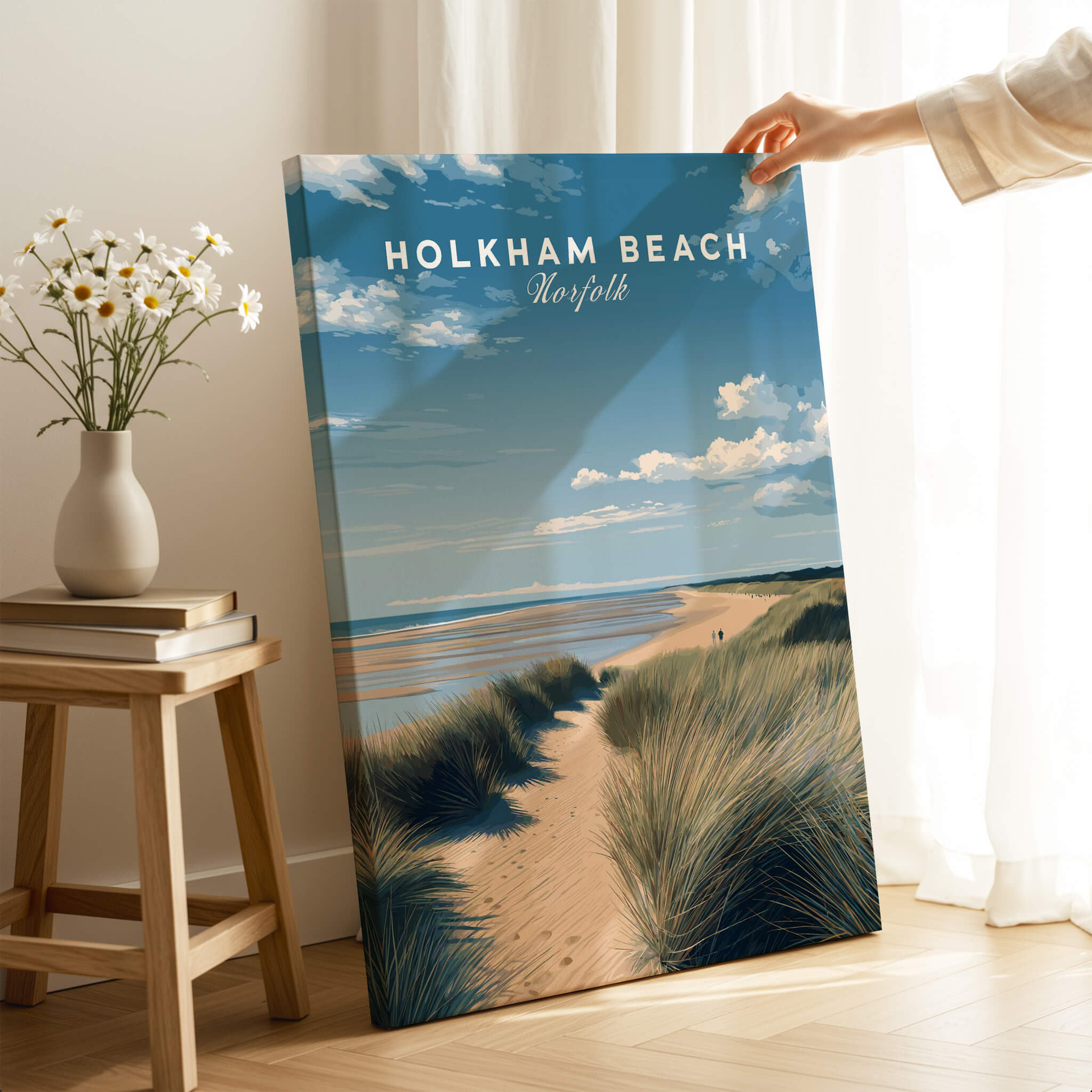 Holkham Beach Norfolk Wall Art Print | Coastal Sand Dunes Travel Poster displayed in a cozy living room.