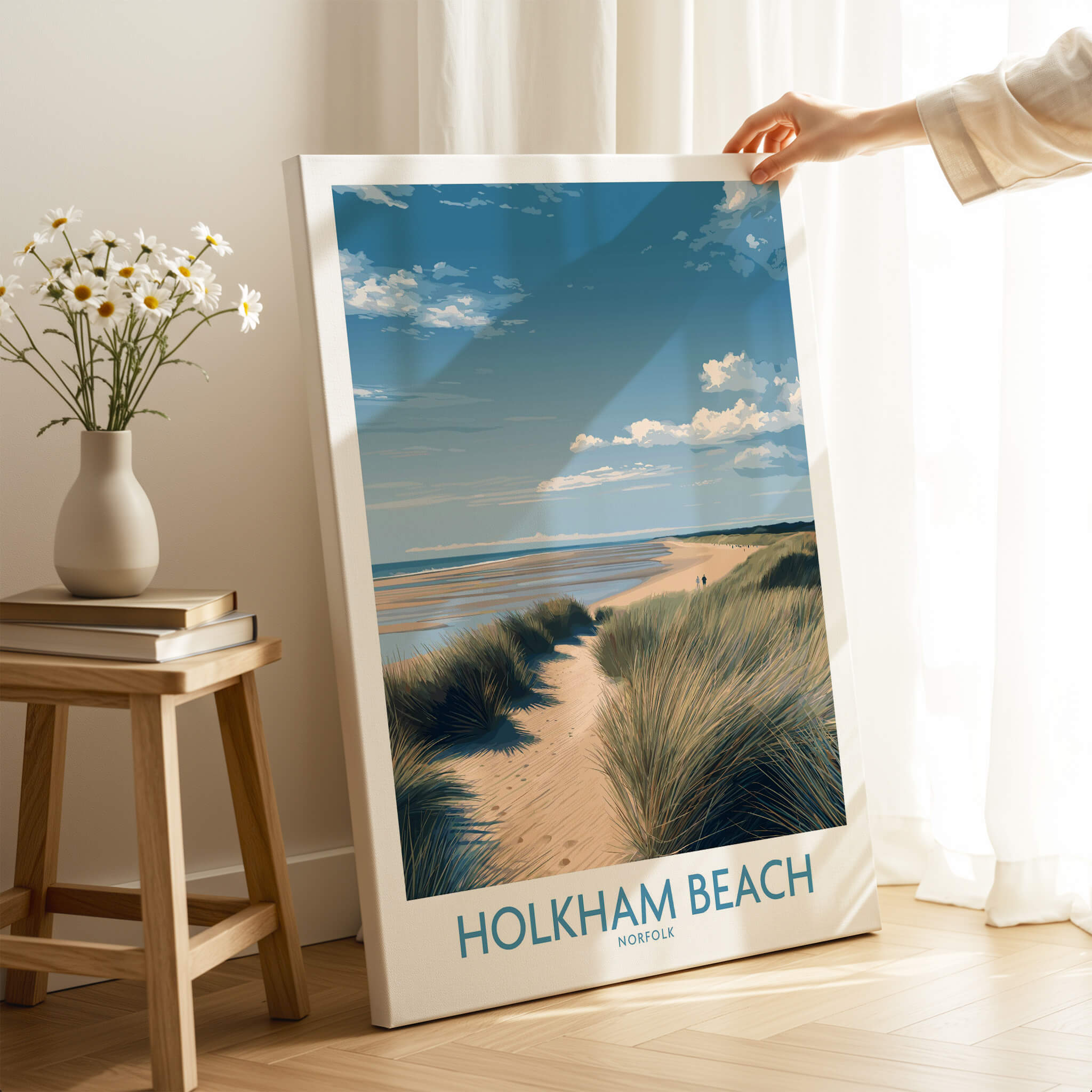 Holkham Beach Norfolk Poster | North Norfolk Shoreline Nature Canvas Print displayed in a cozy home interior.