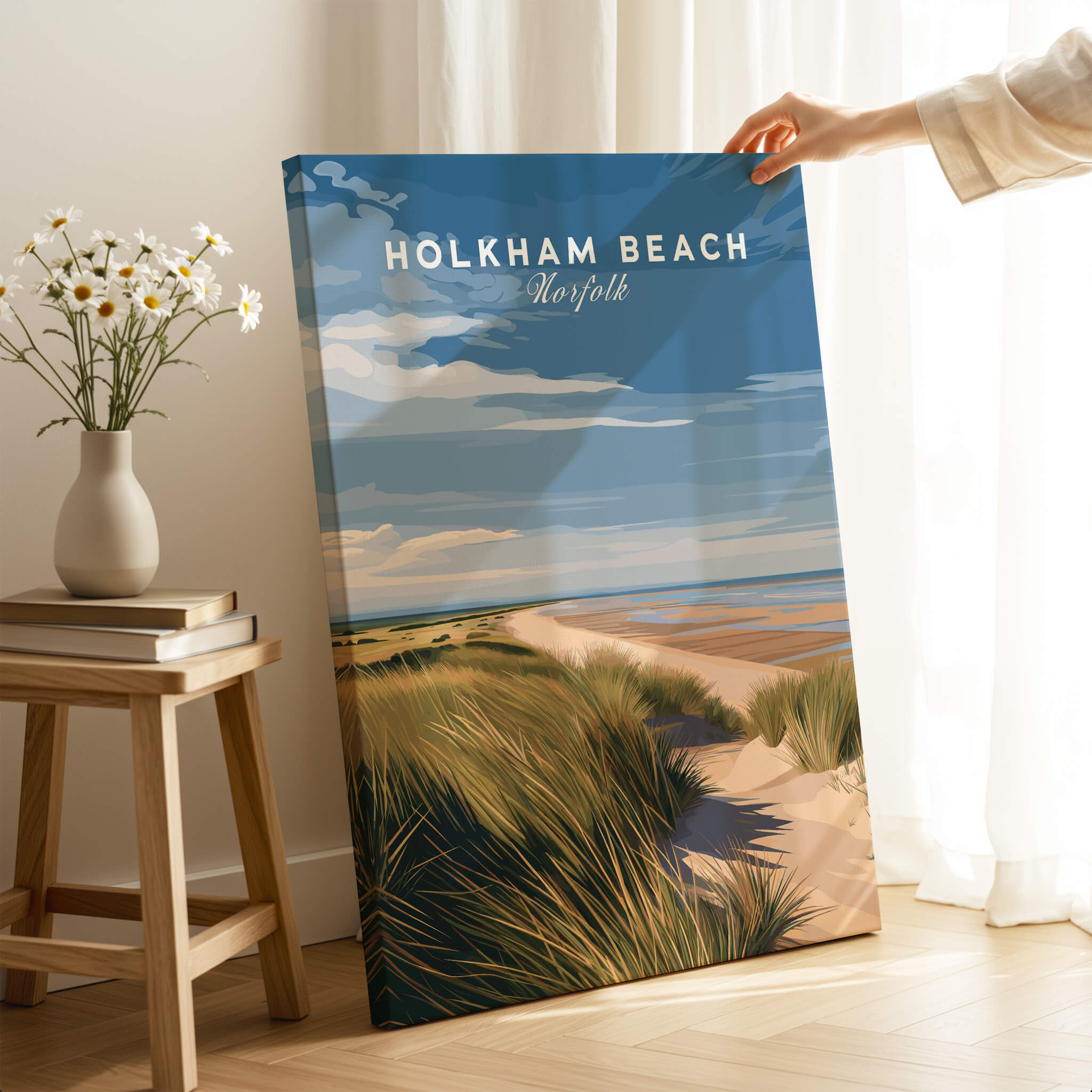 Holkham Beach Norfolk Travel Poster | Serene Beach Pathway Wall Art Print displayed indoors with natural light.