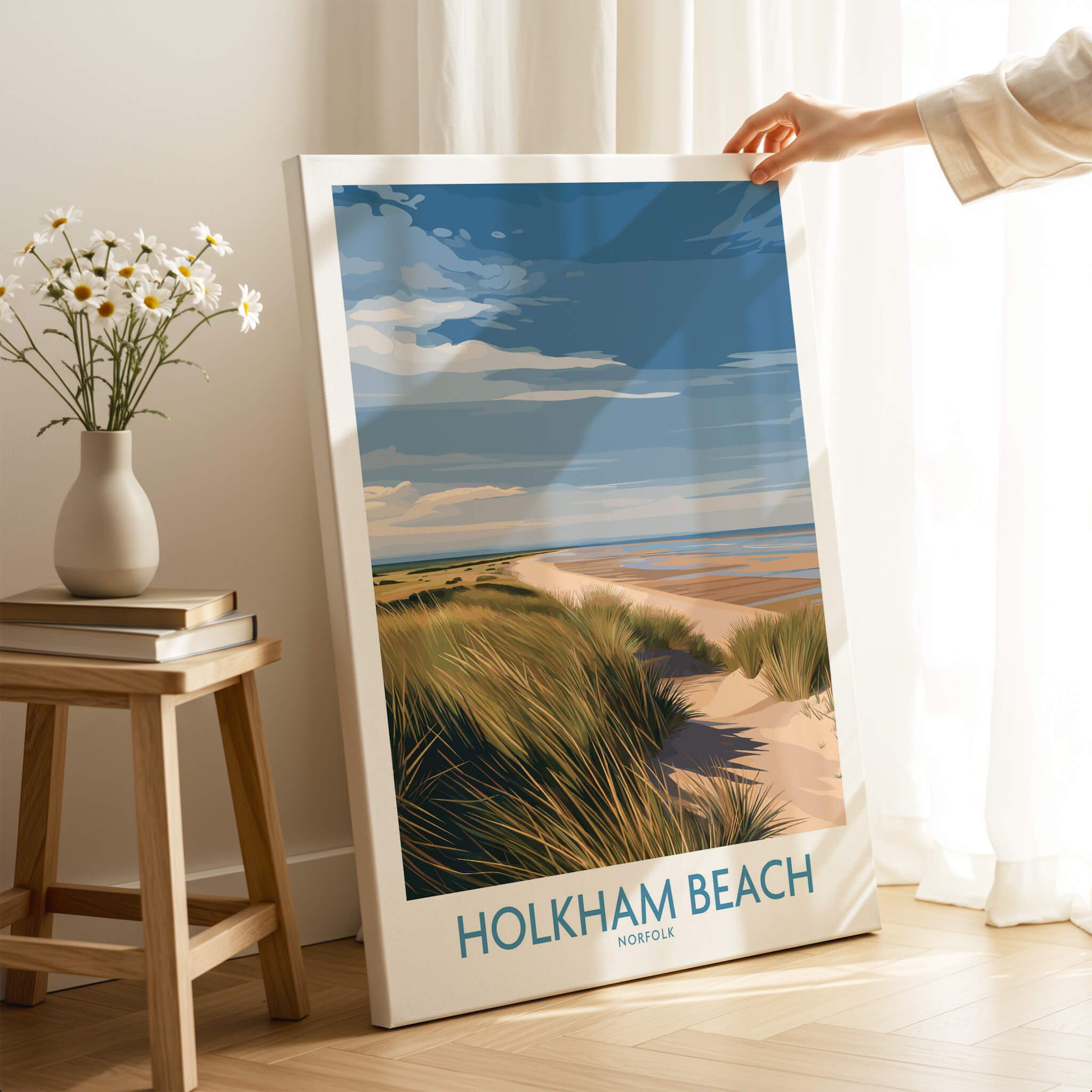 Holkham Beach Norfolk Canvas Print | Minimalist British Seaside Landscape Poster displayed in a modern interior.