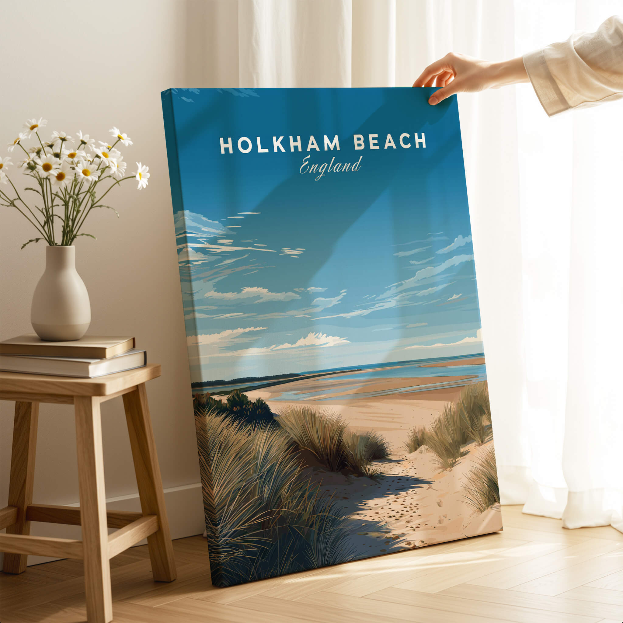 Holkham Beach Norfolk Wall Art Print | British Beach Travel Poster in a stylish interior setting.