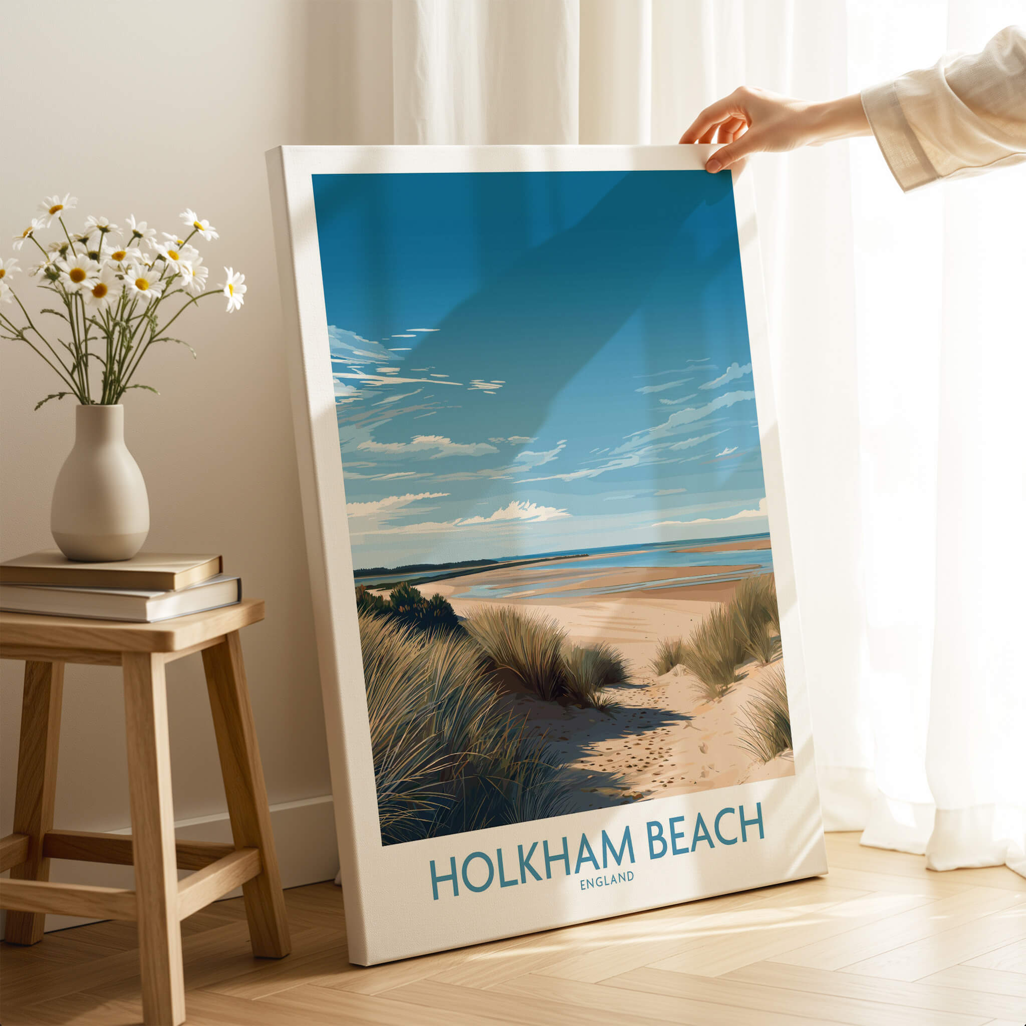 Holkham Beach Norfolk Poster | Serene Coastal Landscape Canvas Print displayed indoors with sandy path and blue sky.