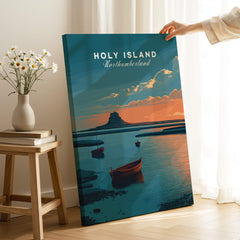 Holy Island Northumberland Wall Art Print | Lindisfarne Sunset Travel Poster showcasing a vibrant sunset over the tidal island.