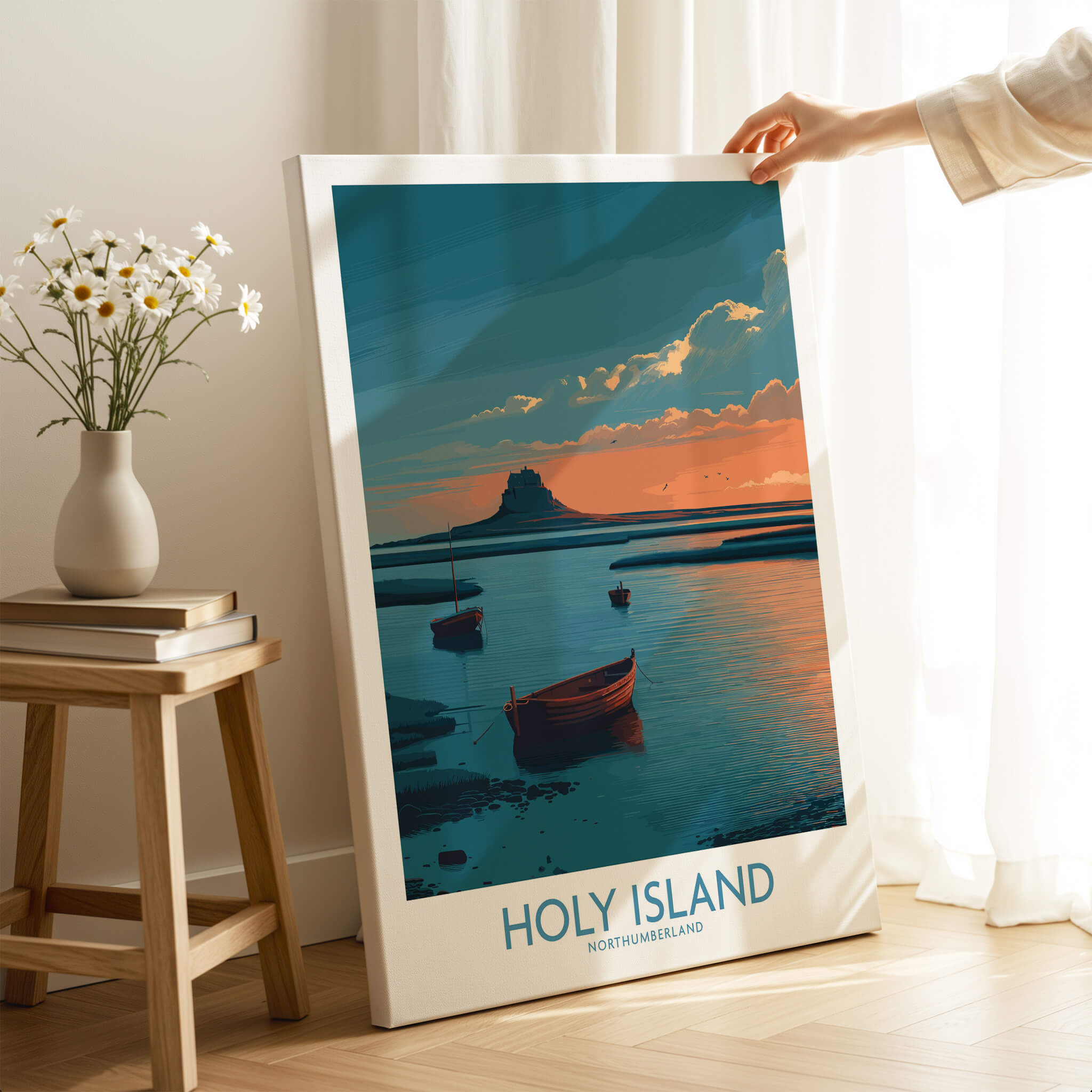 Holy Island Northumberland Poster | Coastal Castle Sunset Canvas Print displayed indoors with a serene coastal scene.