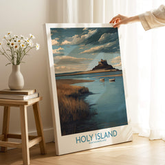 Holy Island Northumberland Poster | Historic England Coast Canvas Print displayed in a cozy interior setting.