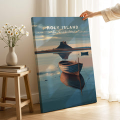 Holy Island Northumberland Wall Art Print | Serene Boat Scene Travel Poster displayed in a cozy room with flowers.