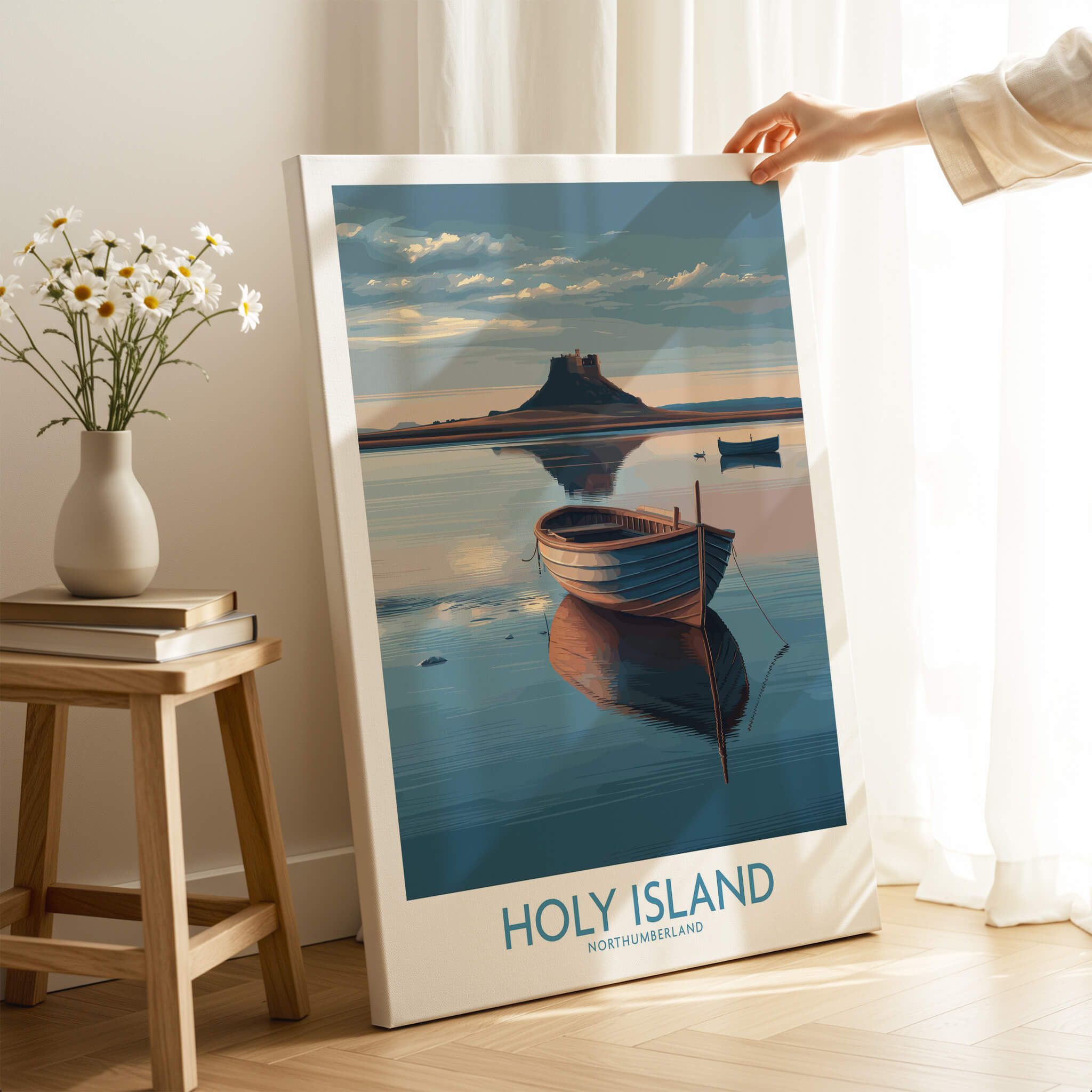 Holy Island Poster Northumberland | Lindisfarne Canvas Print featuring a serene view of a boat and island.