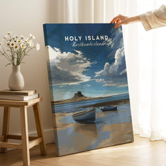 Holy Island Travel Poster Northumberland | Coastal Landscape Wall Art Print showcased in a cozy indoor setting.