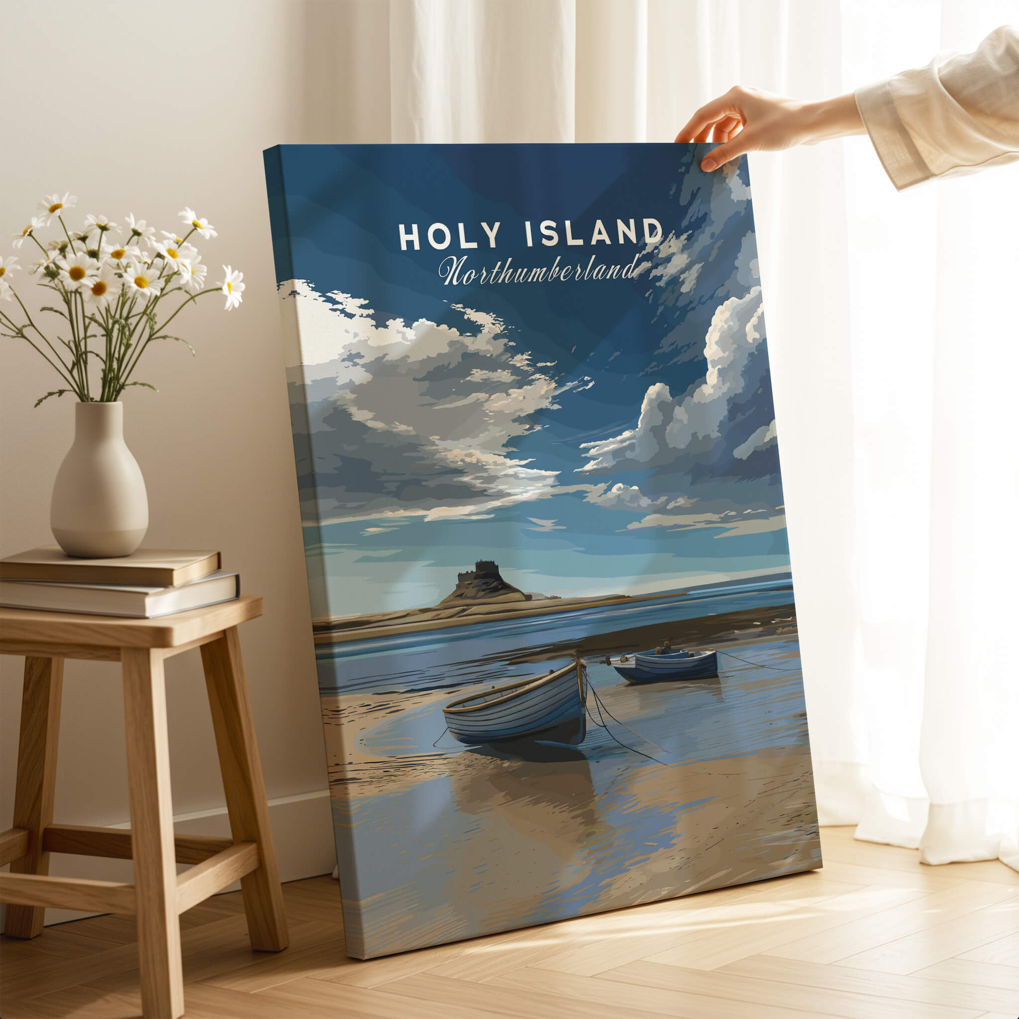 Holy Island Travel Poster Northumberland | Coastal Landscape Wall Art Print showcased in a cozy indoor setting.