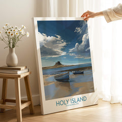 Holy Island Northumberland Poster | North Sea Coast Canvas Print showcasing boats and dramatic skies.