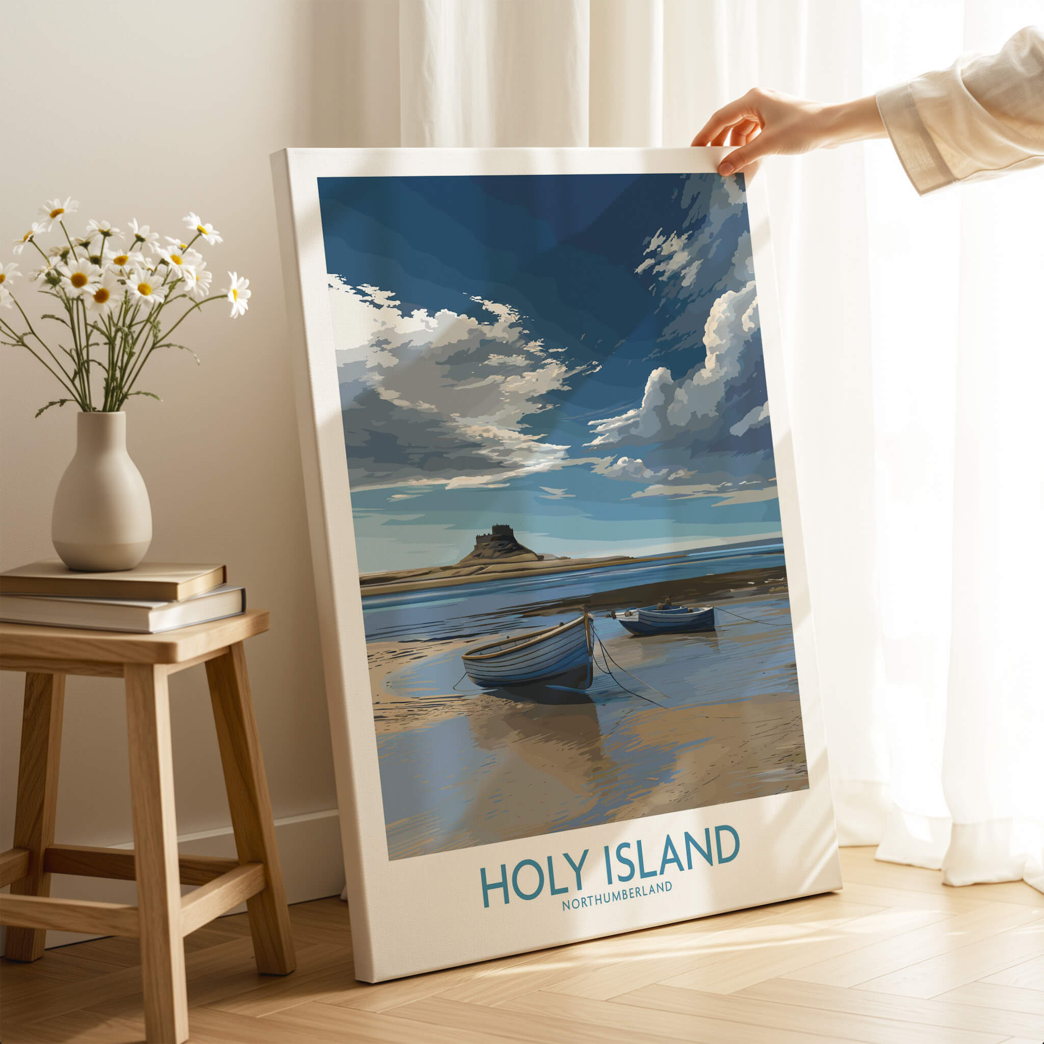 Holy Island Northumberland Poster | North Sea Coast Canvas Print showcasing boats and dramatic skies.