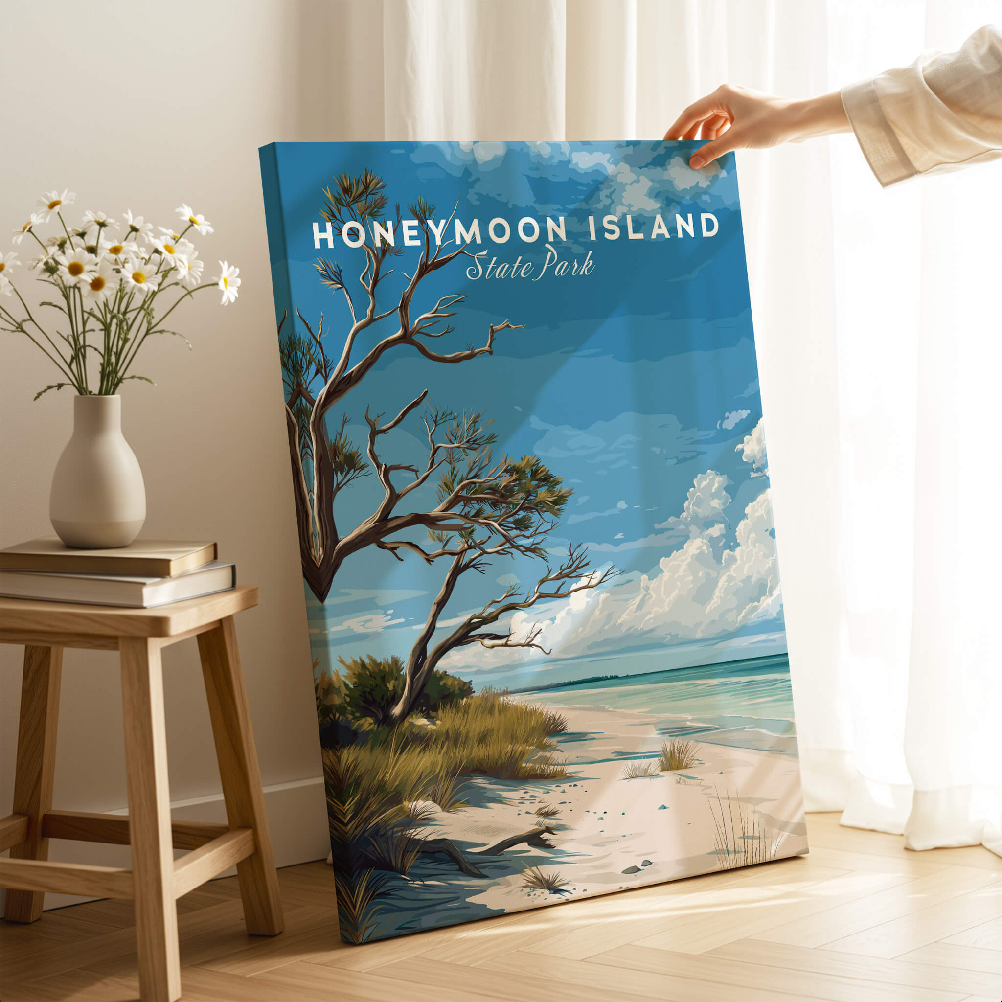Honeymoon Island Wall Art Print | Florida Tropical Beach Travel Poster featuring serene coastal view and vibrant hues.