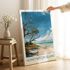 Honeymoon Island Poster | Florida State Park Coastline Canvas Print featuring a serene beach scene with trees and blue sky.