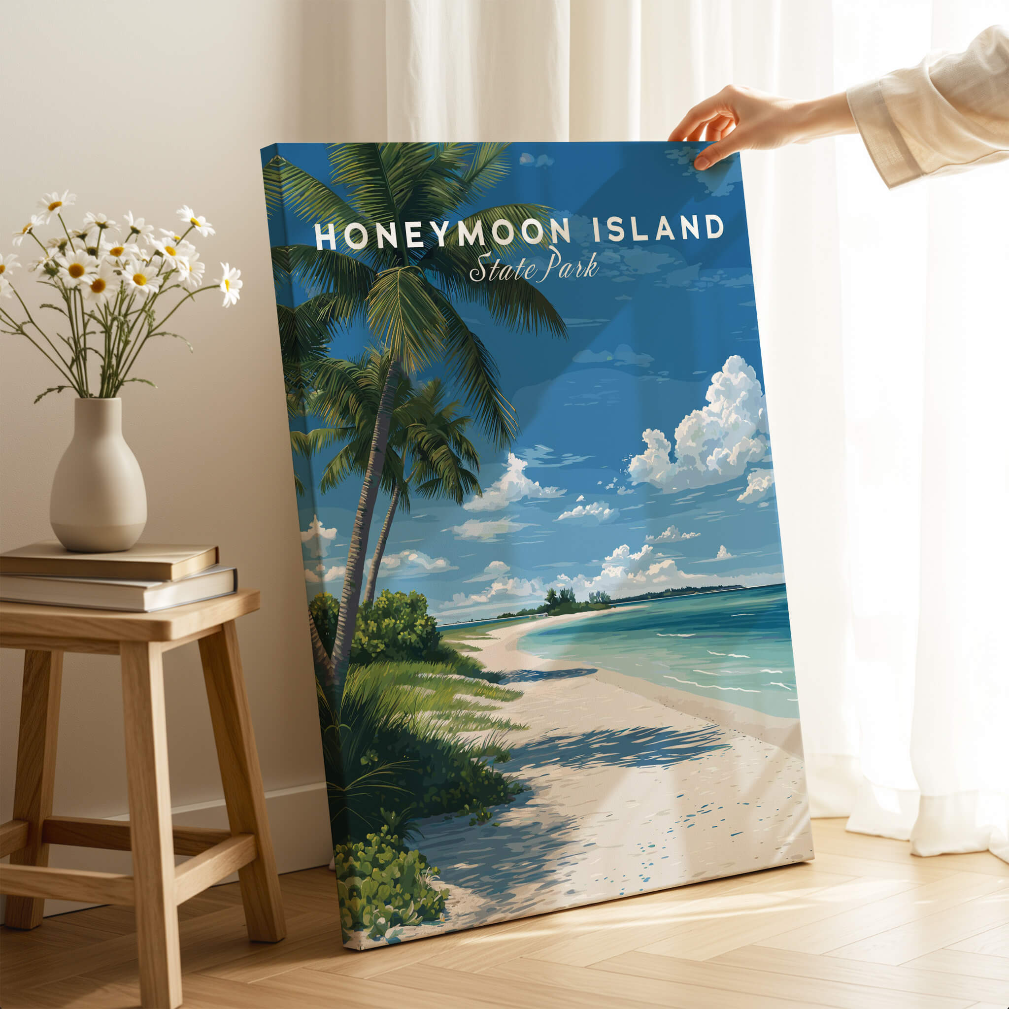 Honeymoon Island Travel Poster | Florida Beach Wall Art Print showcasing a serene beach scene with palm trees and clear blue skies.