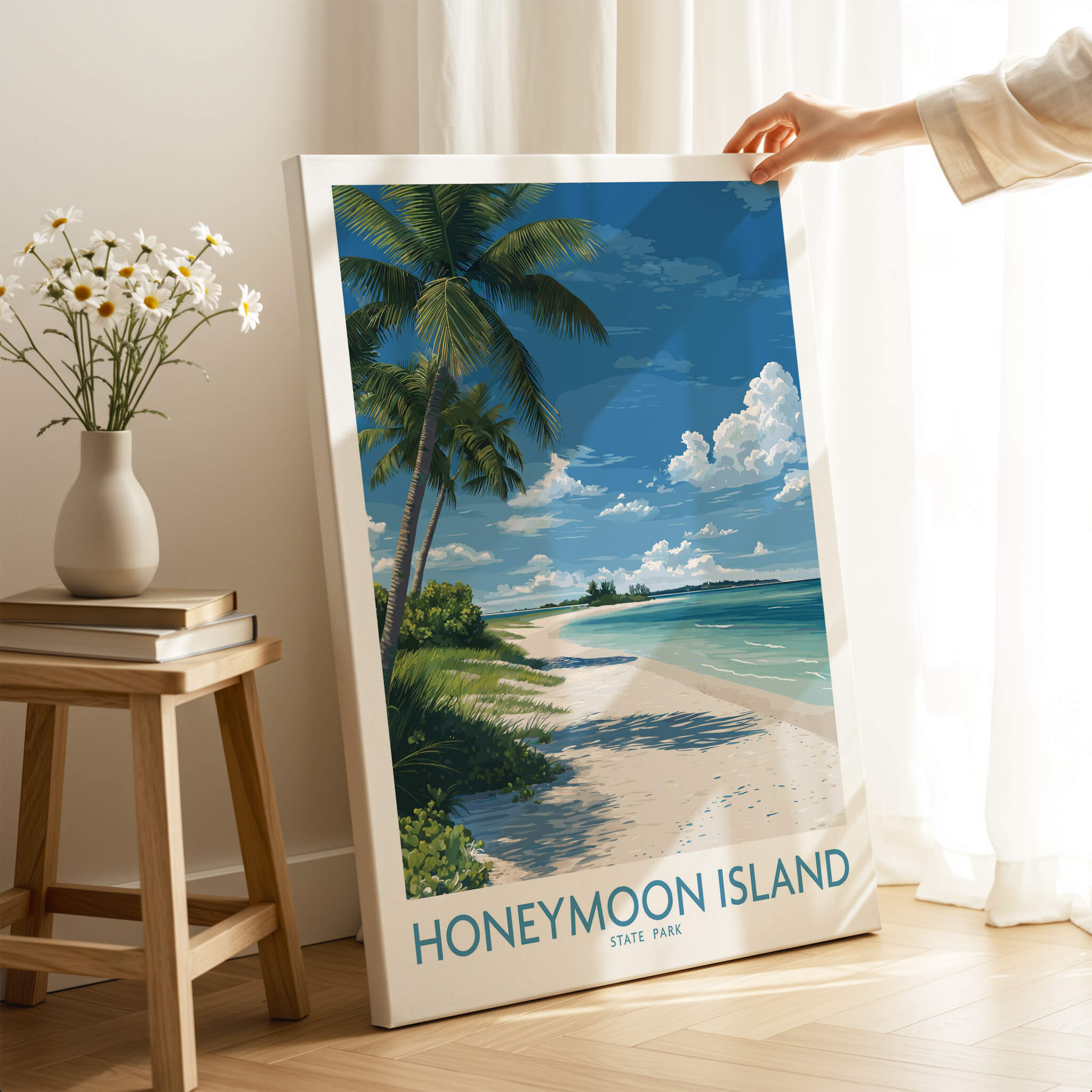 Honeymoon Island Poster | Sunny Florida Gulf Canvas Print featuring palm trees and a serene beach scene.