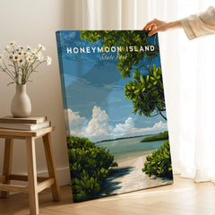 Honeymoon Island Florida Travel Poster | Mangrove Coast Wall Art Print displayed in a bright room with greenery.