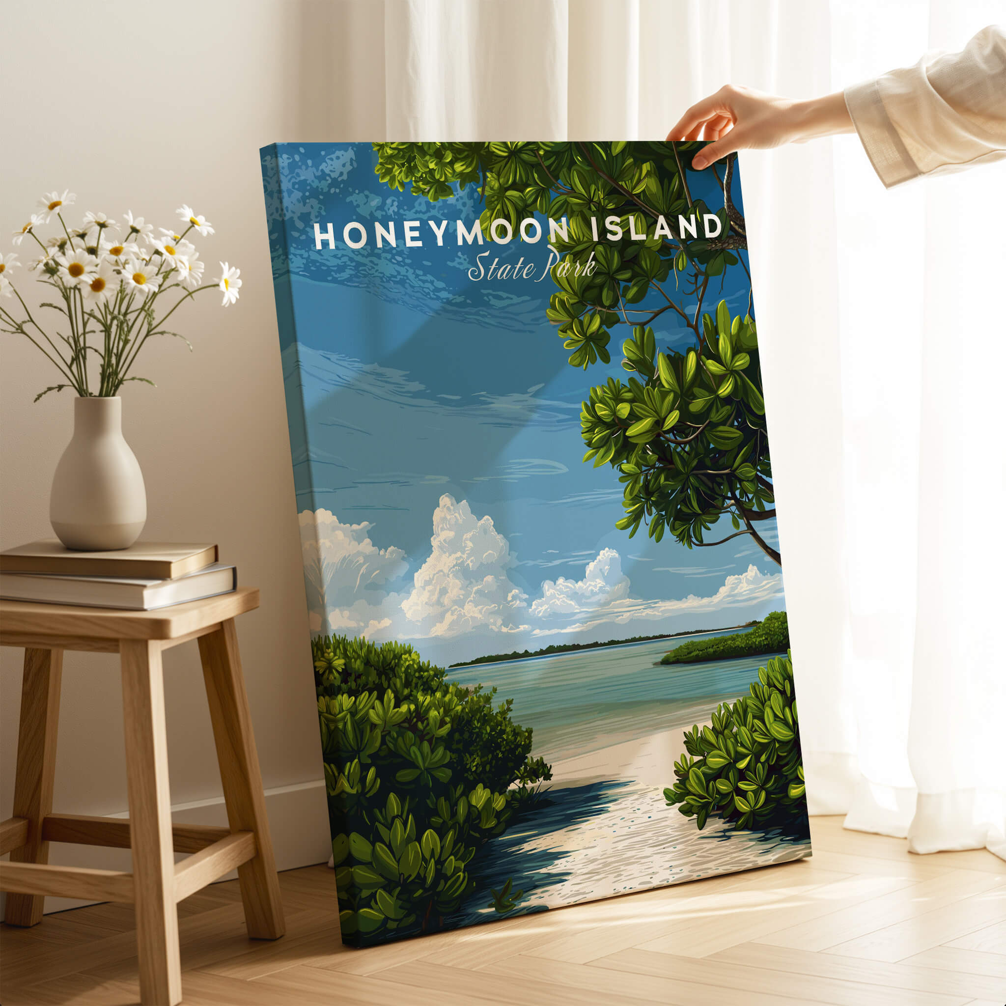 Honeymoon Island Florida Travel Poster | Mangrove Coast Wall Art Print displayed in a bright room with greenery.
