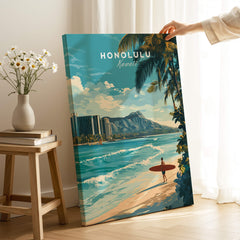 Honolulu Wall Art Print | Waikiki Beach Hawaii Travel Poster featuring a surfer by the beach with tropical scenery.