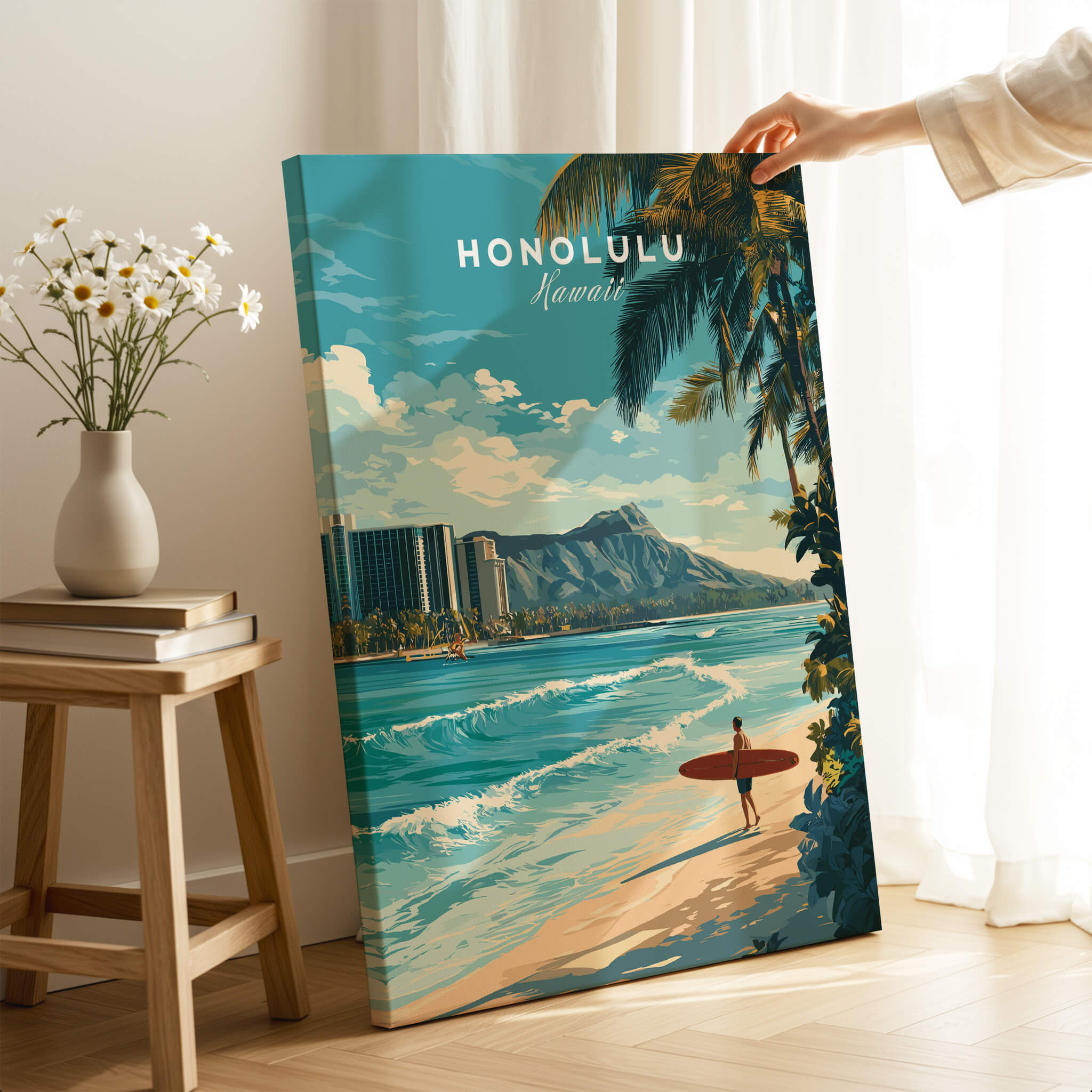 Honolulu Wall Art Print | Waikiki Beach Hawaii Travel Poster featuring a surfer by the beach with tropical scenery.