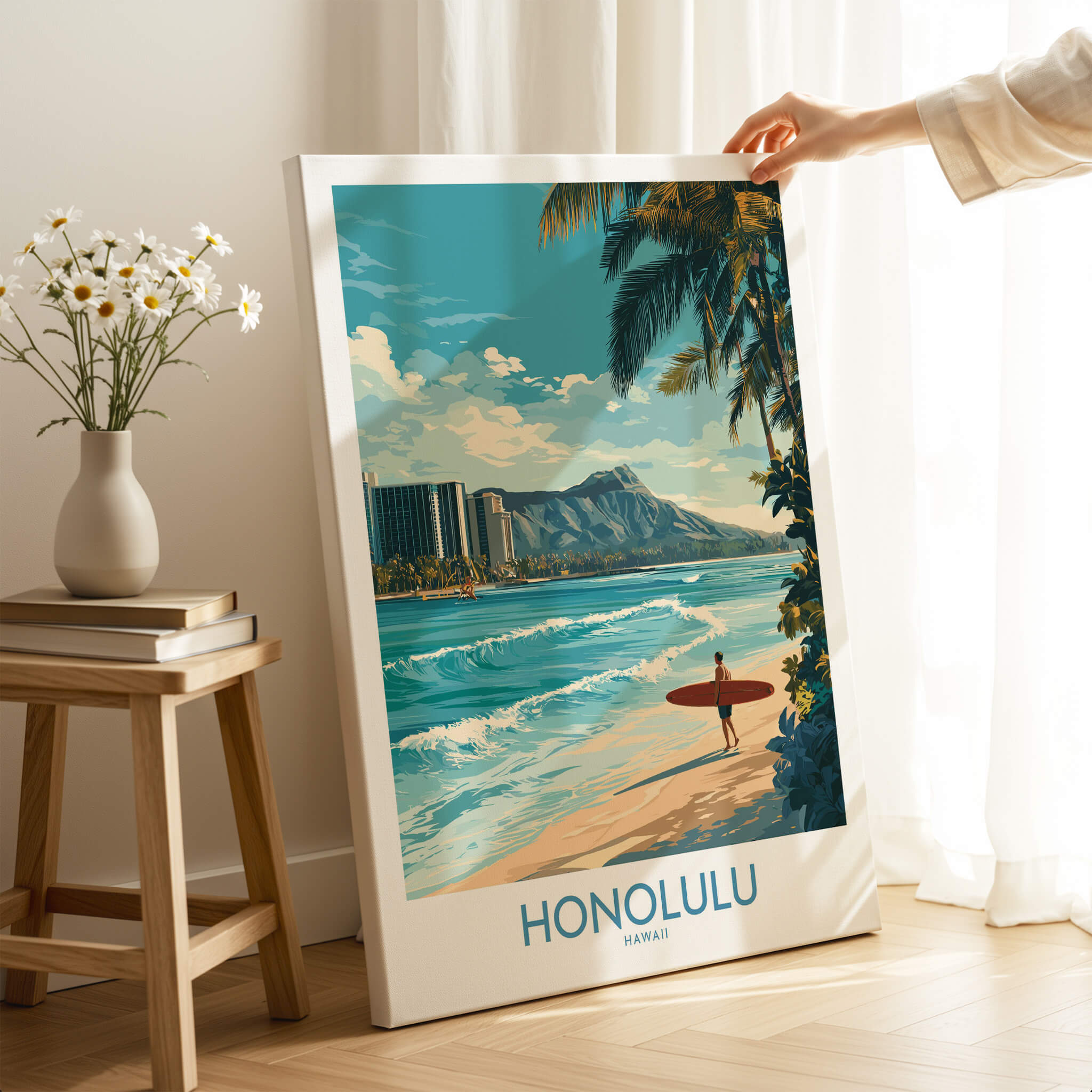 Honolulu Poster | Hawaii Surfing Canvas Print featuring a surfer and vibrant ocean scene.