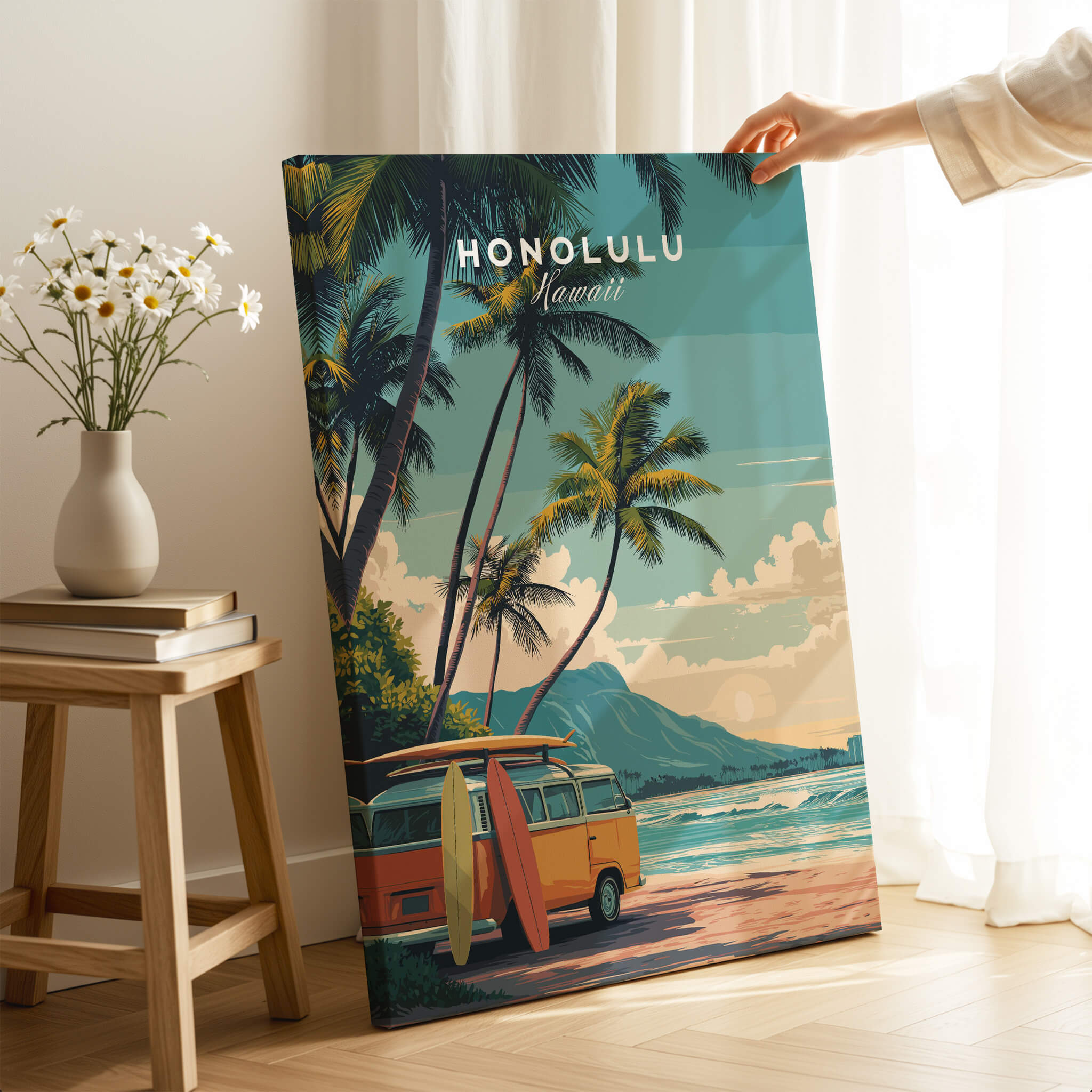 Honolulu Hawaii Travel Poster | Surf Van Beach Wall Art Print featuring a colorful surf van on a vibrant beach backdrop.
