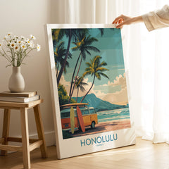 Honolulu Hawaii Poster | Vintage Aloha Style Canvas Print showcasing a retro beach scene with palms and a surf van.
