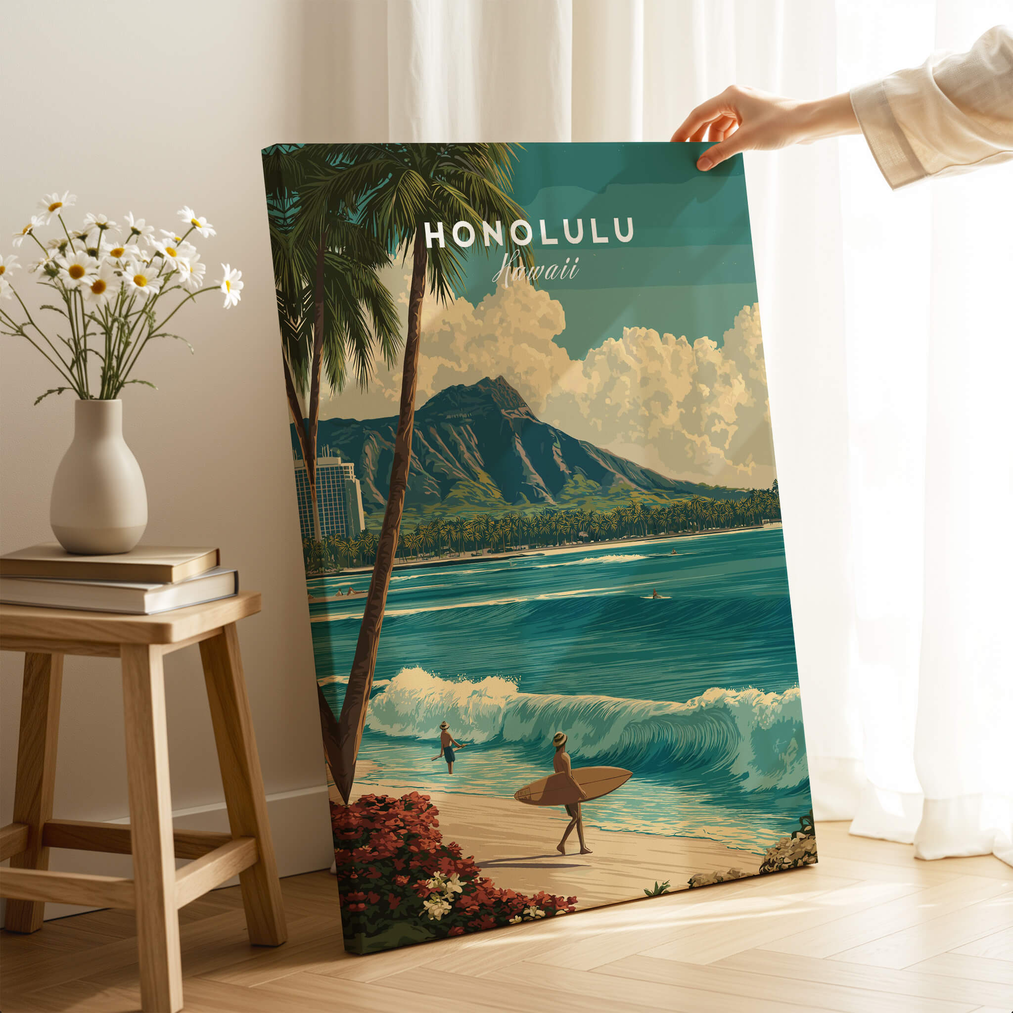 Honolulu Hawaii Wall Art Print | Waikiki Beach Surf Travel Poster featuring surfers and waves in a tropical setting.
