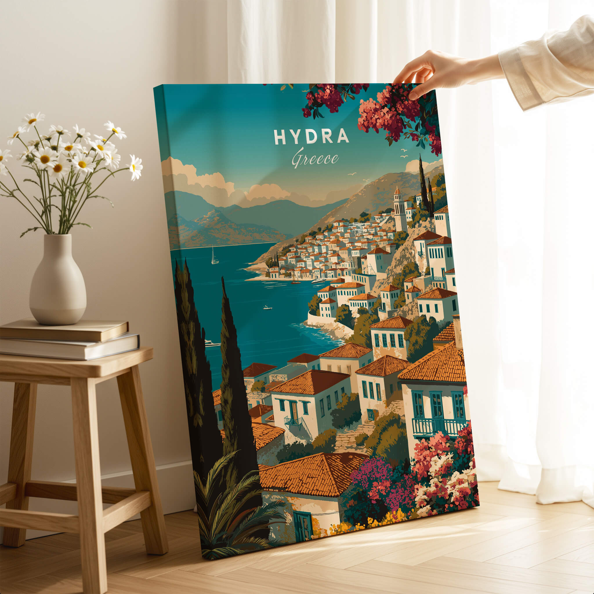 Hydra Greece Wall Art Print | Mediterranean Coastal Town Travel Poster showcasing a scenic view of Hydra.