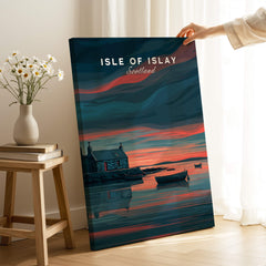 Isle of Islay Scotland Travel Posters | Highland Coastal House Wall Art Print showcasing a sunset over a coastal house.