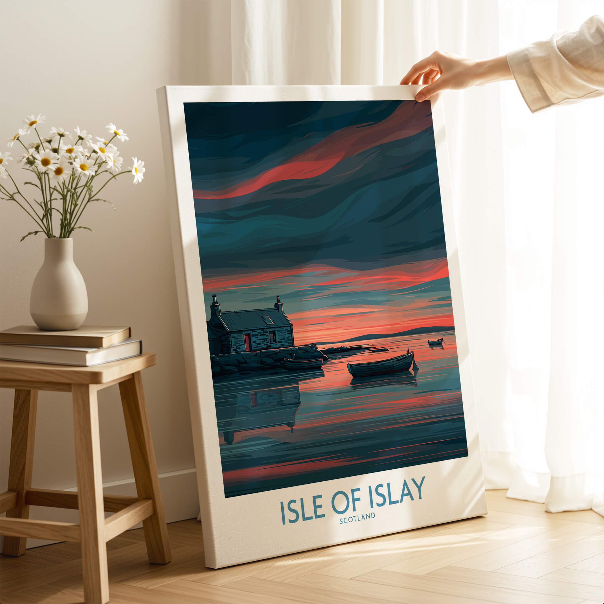 Isle of Islay Scotland Posters | Scottish Hebrides Seascape Canvas Print featuring a serene coastal sunset.