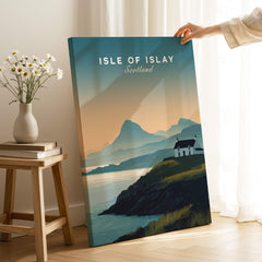 Isle of Islay Scotland Travel Poster featuring a picturesque landscape and iconic Scottish architecture.