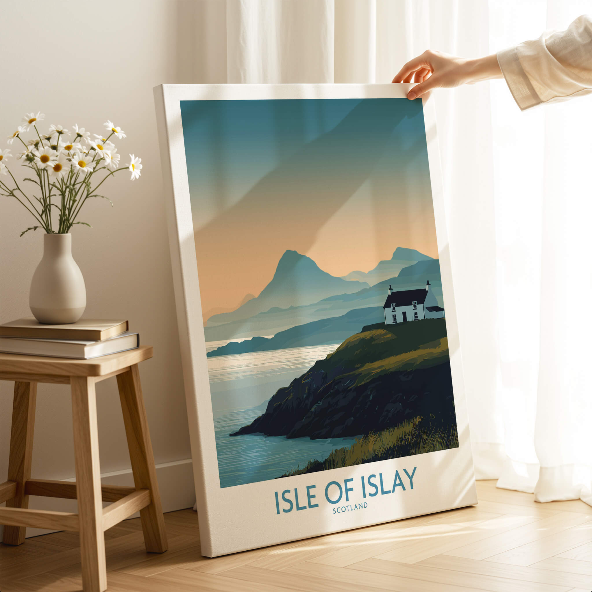 Isle of Islay Scotland Canvas & Art Print showcasing a serene landscape with dramatic coastlines and scenic mountains.
