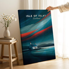 Isle of Islay Scotland Wall Art Print | Dramatic Sky Travel Poster displayed in a cozy interior setting.