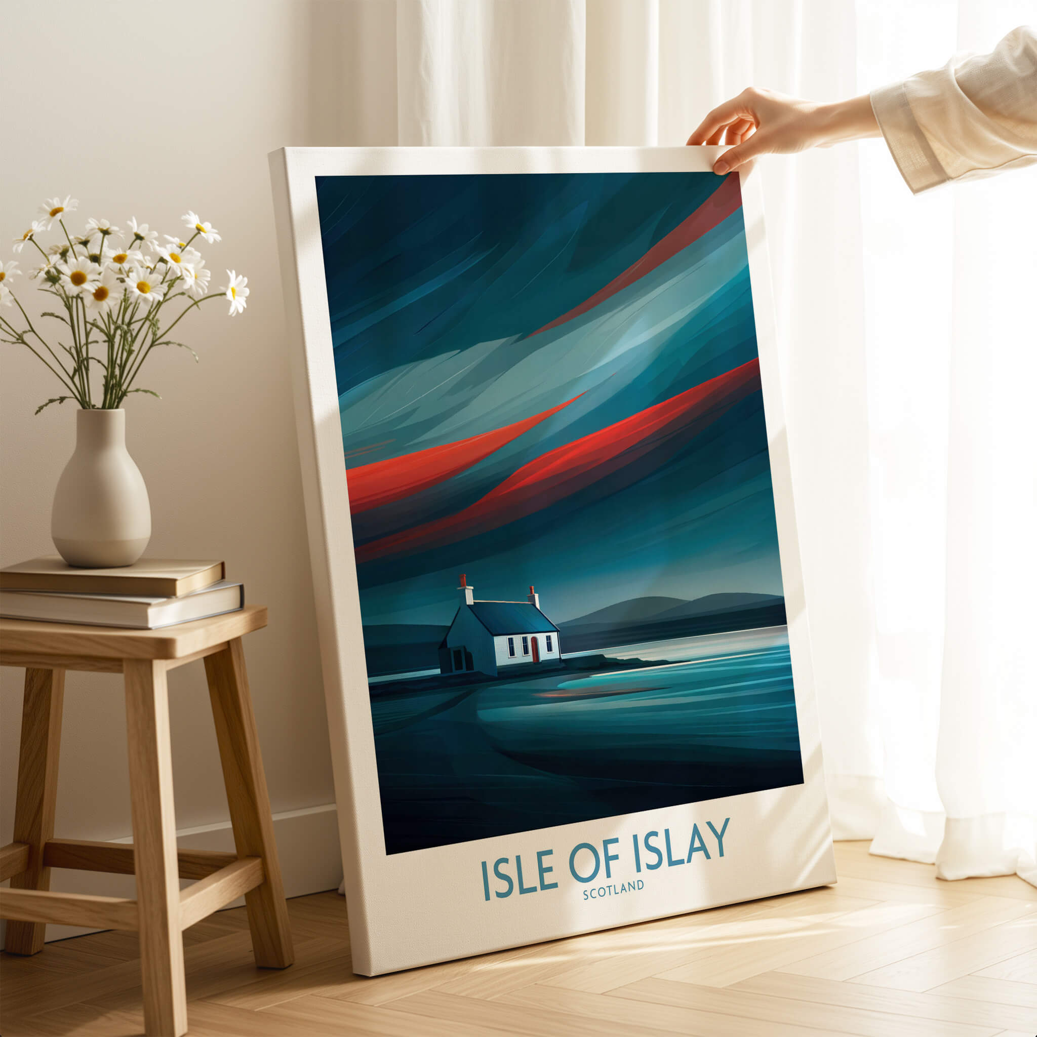 Isle of Islay Scotland Posters | Vibrant Scottish Island Scene Canvas Print displayed in a cozy home setting.