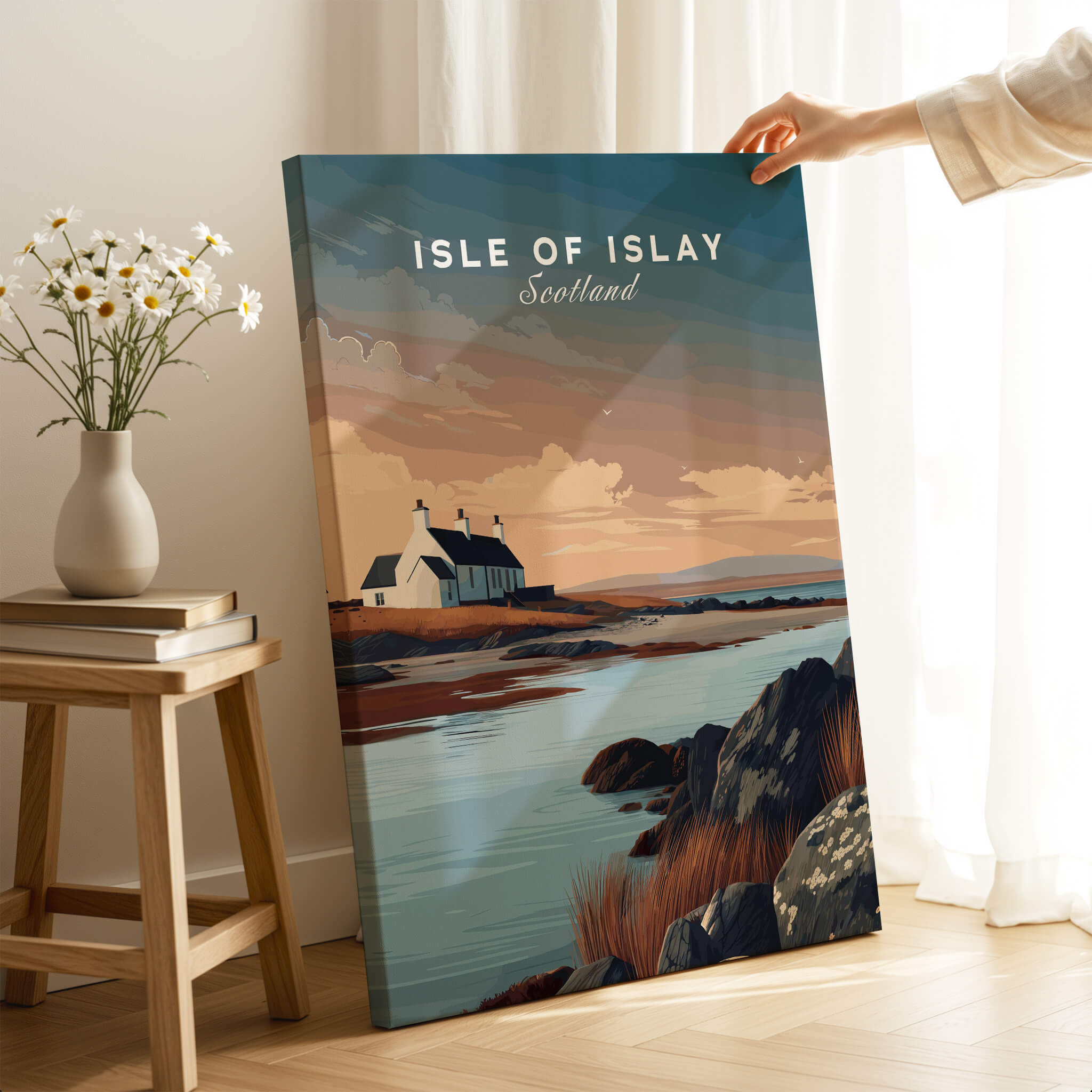 Isle of Islay Scotland Travel Posters | Scenic Coastal Cottage Wall Art Print showcasing Irish architecture and landscape.