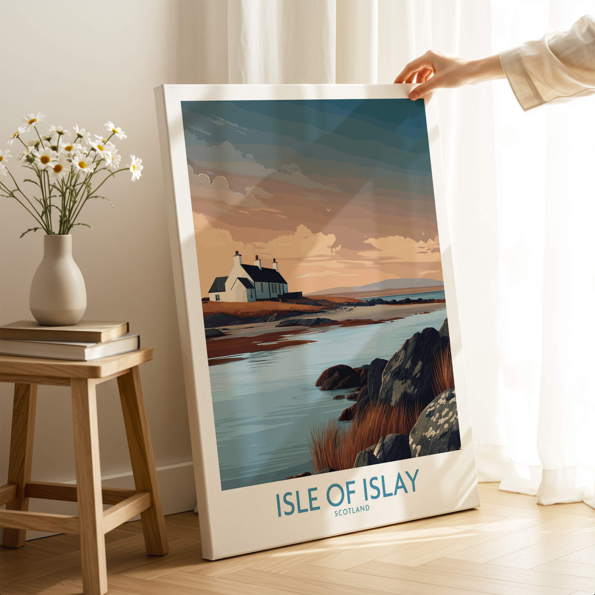 Isle of Islay Scotland Canvas Print | Hebrides Sunset Landscape Posters in a cozy interior setting.