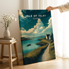 Isle of Islay Scotland Wall Art Print | Coastal Path Travel Poster featuring a coastal landscape and a house by the water.