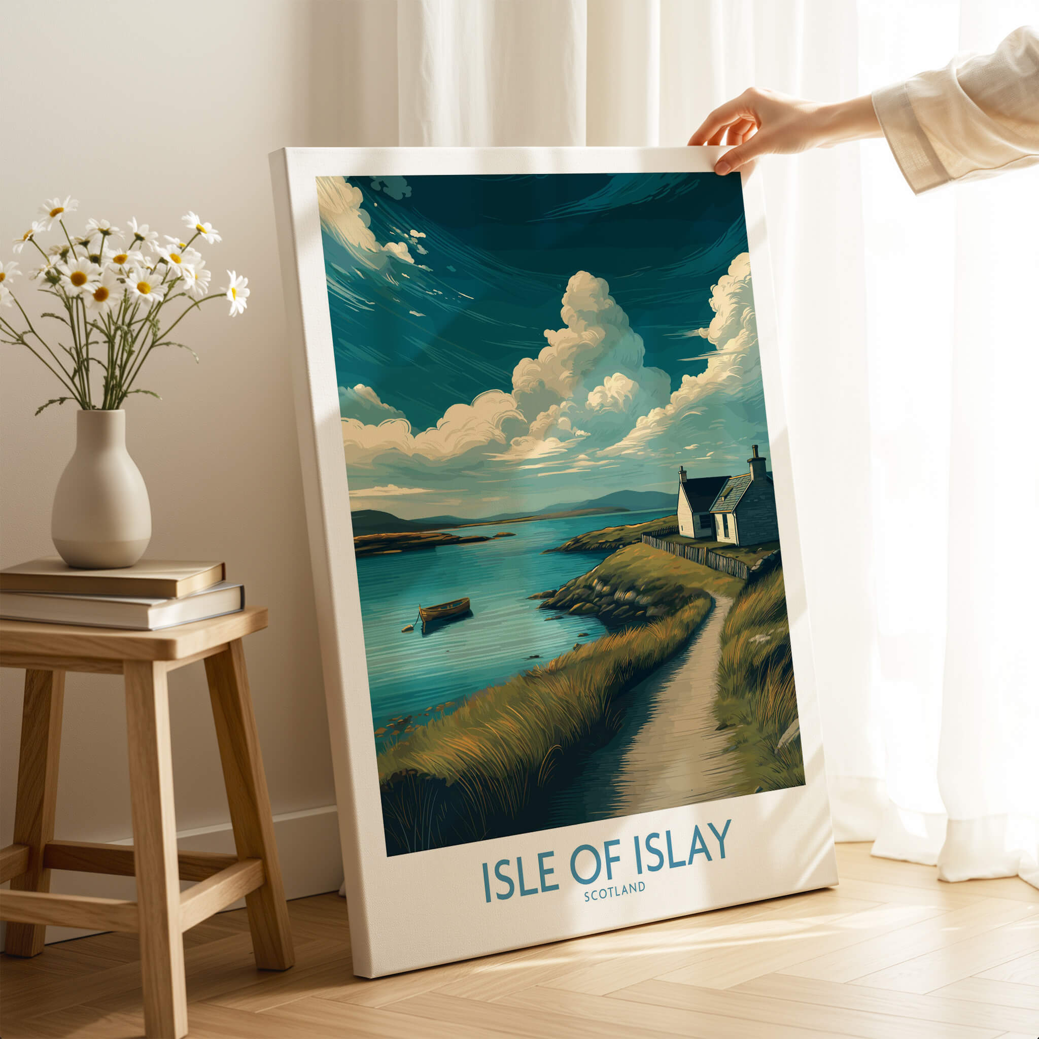 Isle of Islay Scotland Poster | Scottish Seaside Village Canvas Print showcasing serene landscape and charming cottage.