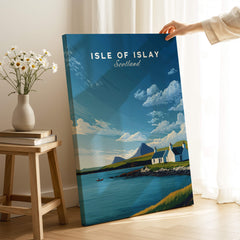 Isle of Islay Scotland Travel Posters | Sunny Coastal Wall Art Print showcased in a bright interior setting.