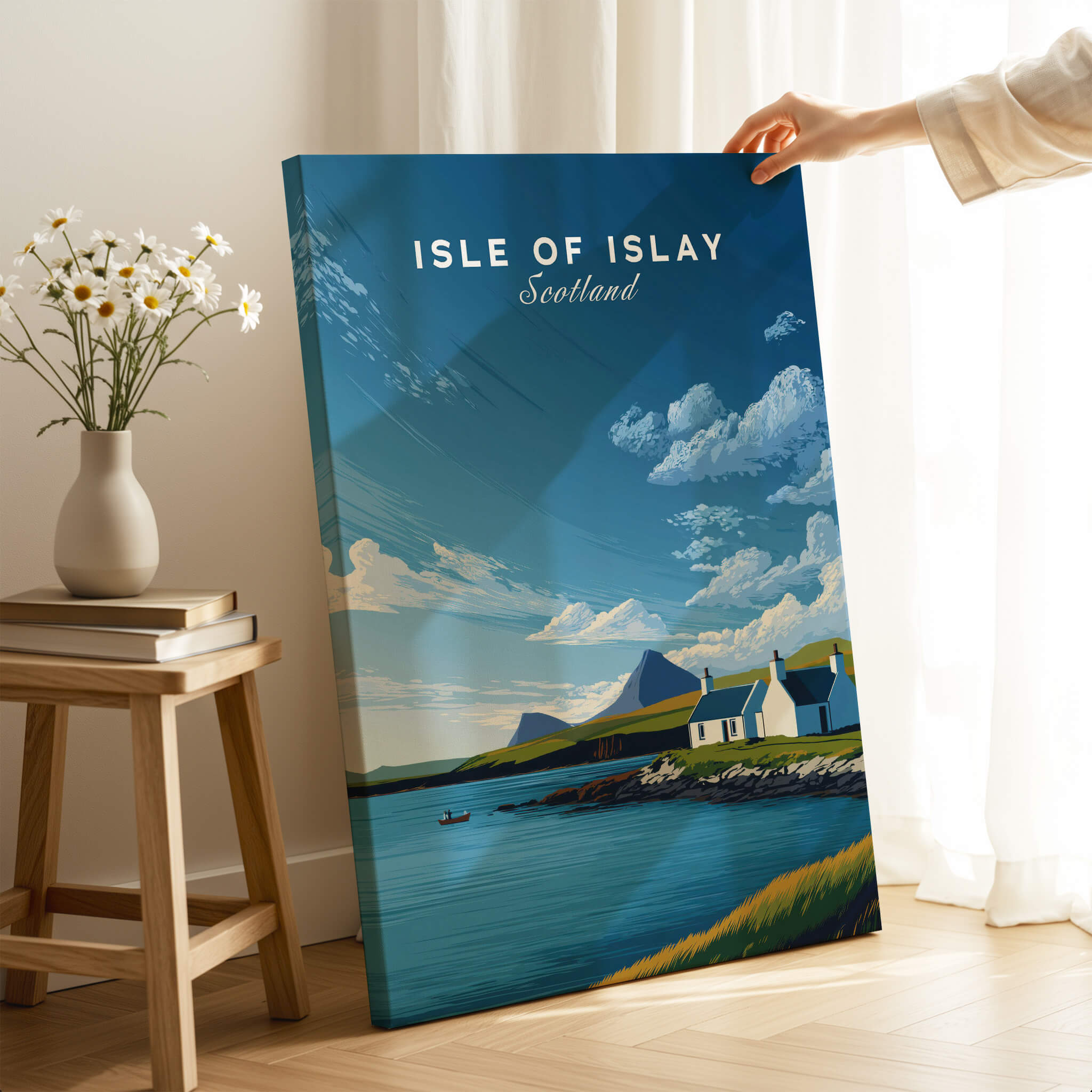 Isle of Islay Scotland Travel Posters | Sunny Coastal Wall Art Print showcased in a bright interior setting.