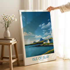 Isle of Islay Scotland Canvas Print | Scottish Hebrides Poster displayed beside a vase and flowers in a cozy setting.