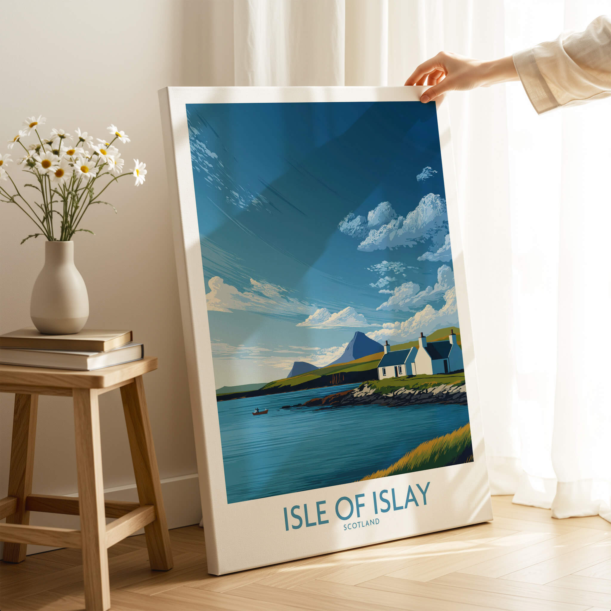 Isle of Islay Scotland Canvas Print | Scottish Hebrides Poster displayed beside a vase and flowers in a cozy setting.
